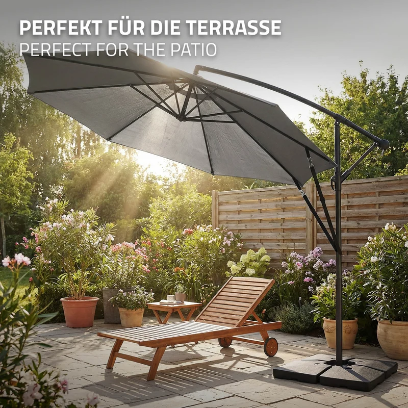 Ampelschirm Ø 300 cm Anthrazit 360° Alu Sonnenschirm mit Kurbel, Abdeckung & Ständer ML-Design