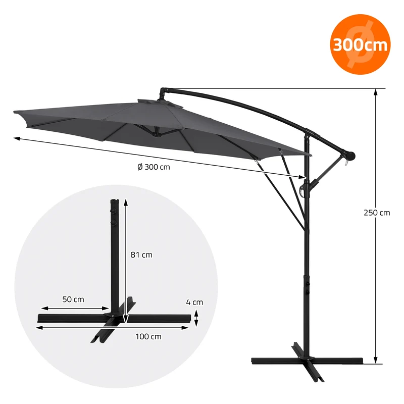 Ampelschirm Ø 300 cm Anthrazit 360° Alu Sonnenschirm mit Kurbel, Abdeckung & Ständer ML-Design