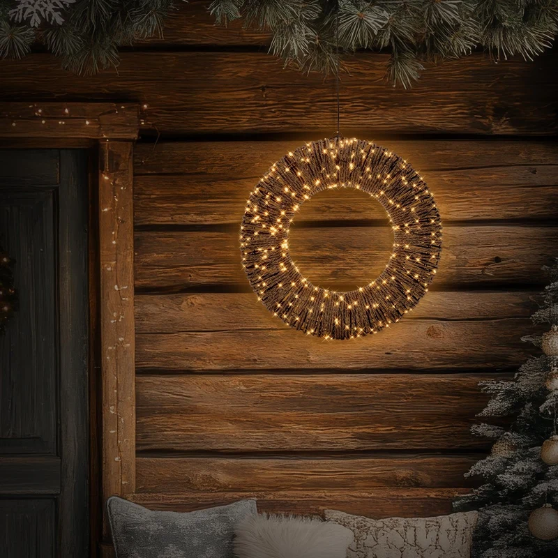 ECD Germany | LED Weihnachtskranz Metall/Seil Warmweiß Weihnachtsdeko mit Lichterkette Timer Lichterkranz Weihnachtsbeleuchtung Außen