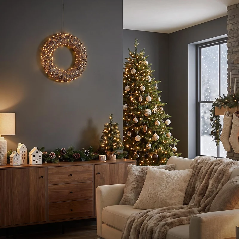 ECD Germany | LED Weihnachtskranz Metall/Seil Warmweiß Weihnachtsdeko mit Lichterkette Timer Lichterkranz Weihnachtsbeleuchtung Außen