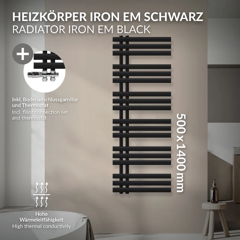 Design Badheizkörper Iron EM 500x1400 mm Schwarz matt mit Boden Thermostatventil LuxeBath