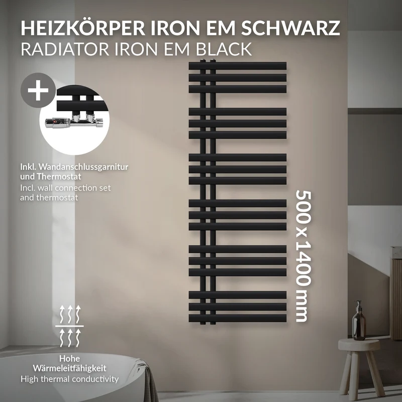 Design Badheizkörper Iron EM 500x1400 mm Schwarz matt mit Wand Thermostatventil LuxeBath