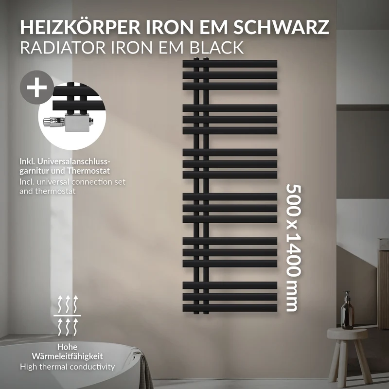 Design Badheizkörper Iron EM 500x1400 mm Schwarz matt mit Universal Thermostatventil LuxeBath