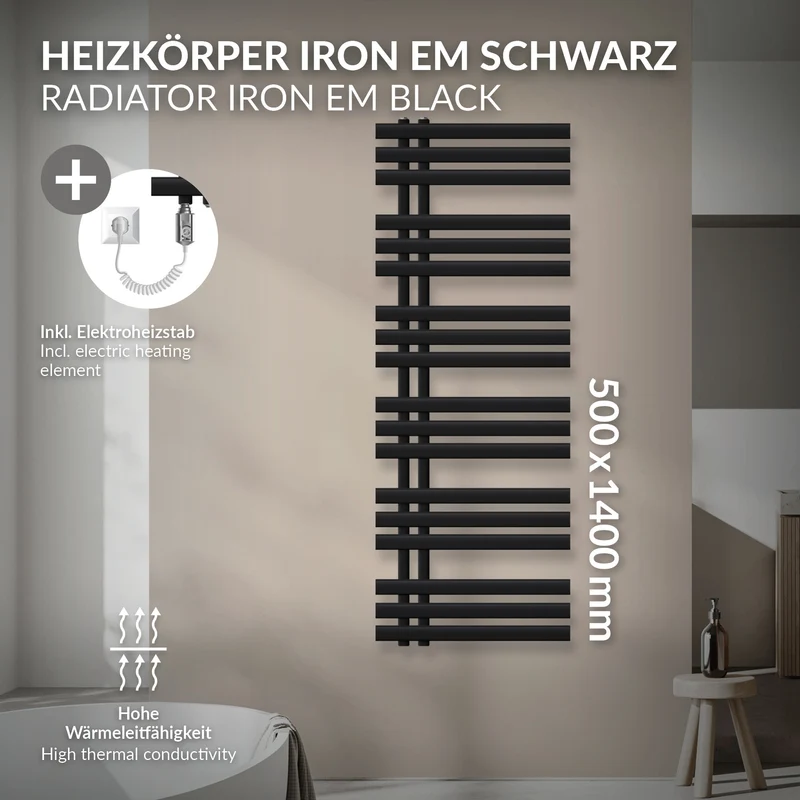 Badheizkörper Elektrisch Iron EM mit Heizstab 900W 500x1400 mm Schwarz matt LuxeBath
