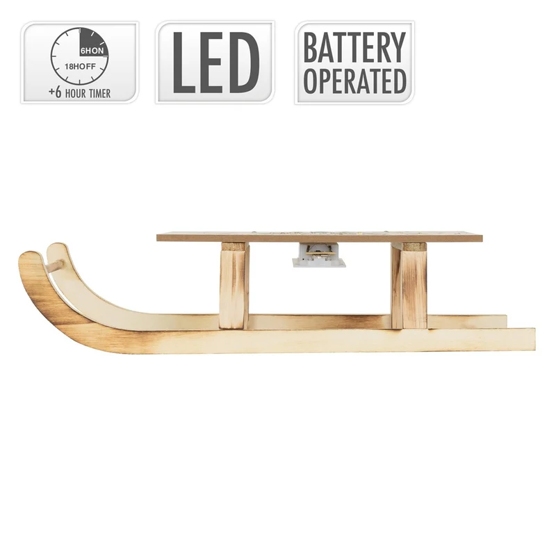 ECD Germany | Weihnachtsschlitten mit warmweißen LED, Braun, aus Holz, Weihnachtsdeko mit Timer, Batteriebetrieb