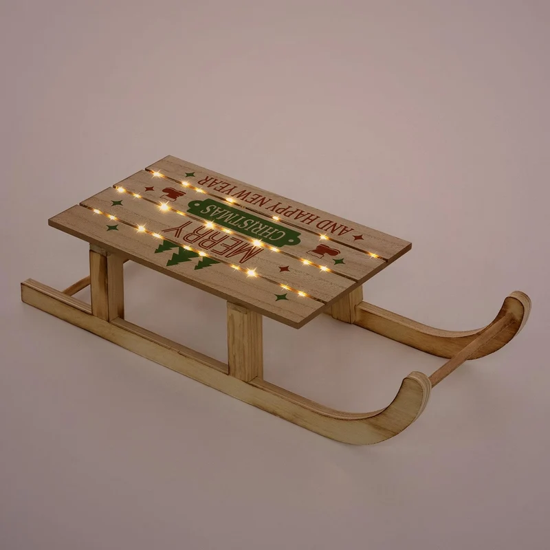 ECD Germany | Weihnachtsschlitten mit warmweißen LED, Braun, aus Holz, Weihnachtsdeko mit Timer, Batteriebetrieb