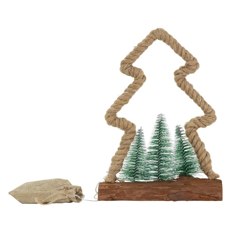 ECD Germany | LED Weihnachtsbaum aus Juteseil, Standfigur, Weihnachtsdeko mit warmweißen LEDs, 3 Tannen und Jutesäckchen, Batteriebetrieb mit Timer