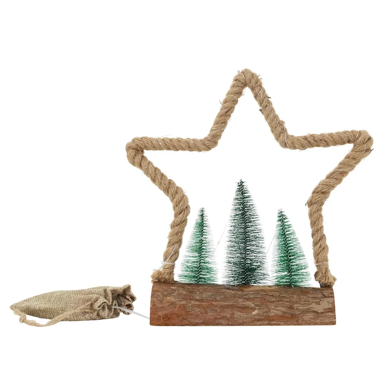 ECD Germany | LED Jute Stern aus Seil, Weihnachtsdeko mit warmweißen LEDs, 3 Tannen und Jutesäckchen, Batteriebetrieb mit Timer