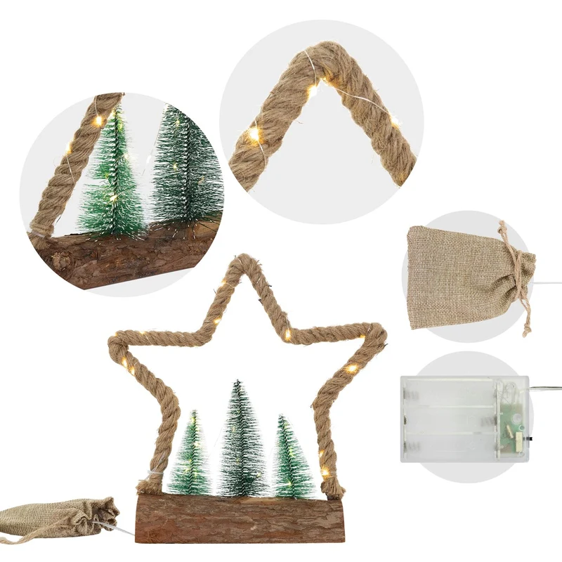 ECD Germany | LED Jute Stern aus Seil, Weihnachtsdeko mit warmweißen LEDs, 3 Tannen und Jutesäckchen, Batteriebetrieb mit Timer