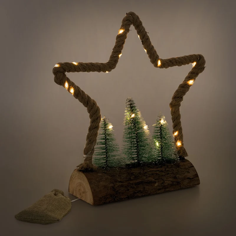 ECD Germany | LED Jute Stern aus Seil, Weihnachtsdeko mit warmweißen LEDs, 3 Tannen und Jutesäckchen, Batteriebetrieb mit Timer