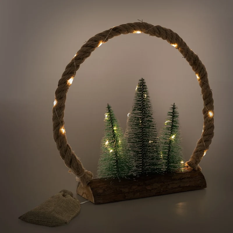 ECD Germany | LED Jute Kreis aus Seil Weihnachtsdeko mit warmweißen LEDs 3 Tannen Jutesäckchen Batteriebetrieb mit Timer