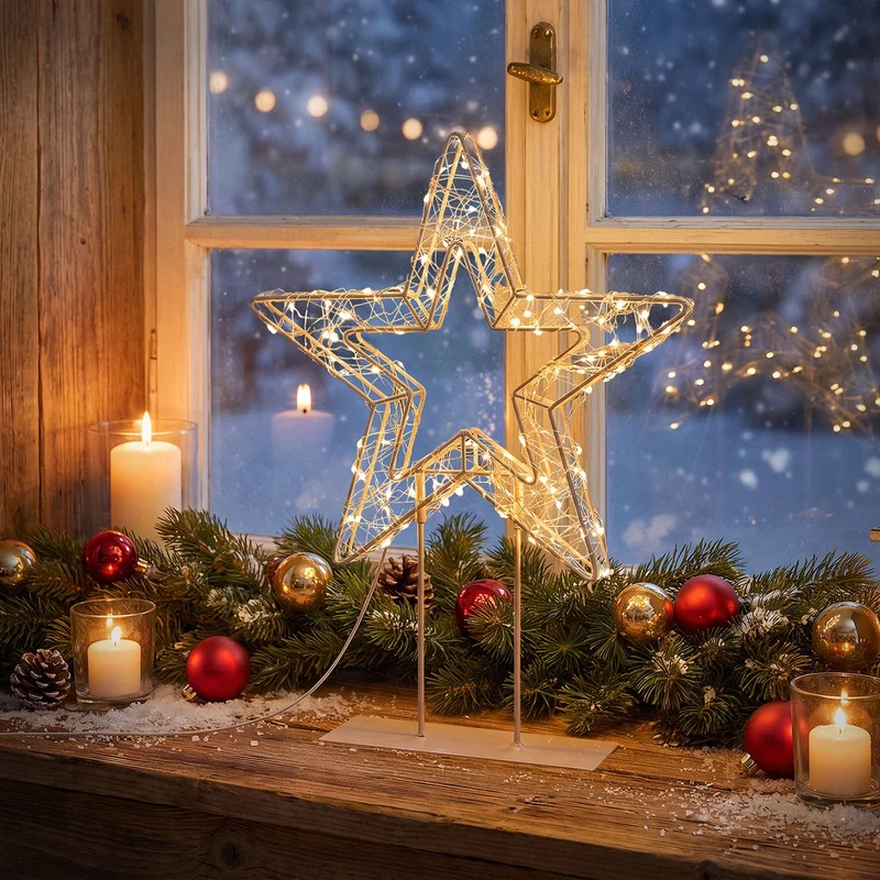 ECD Germany | LED Weihnachtsstern auf Sockel Warmweiß Stern Leuchtstern Weihnachtsdeko mit Lichterkette Weihnachtsbeleuchtung Außen mit Timer