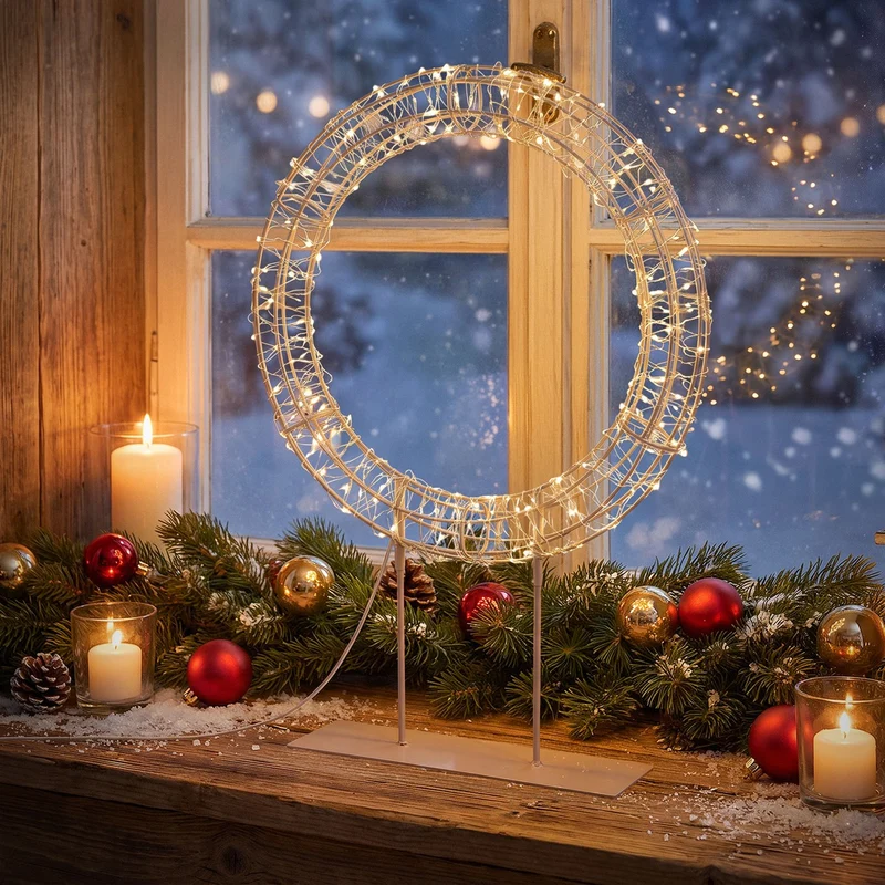 ECD Germany | LED Weihnachtskranz mit Sockel 53 cm Metall Warmweiß Kranz Lichterkranz Weihnachtsdeko mit Lichterkette Weihnachtsbeleuchtung Außen
