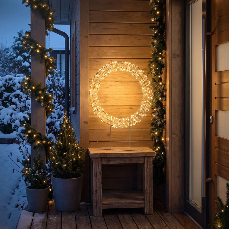 ECD Germany | LED Weihnachtskranz mit Sockel 53 cm Metall Warmweiß Kranz Lichterkranz Weihnachtsdeko mit Lichterkette Weihnachtsbeleuchtung Außen