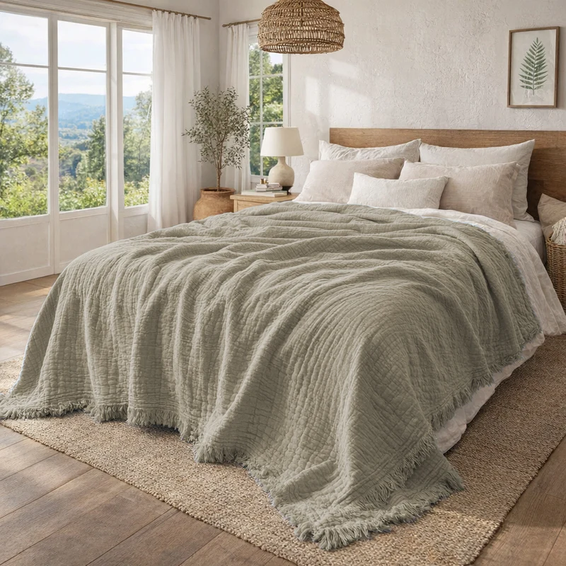Copriletto in Cotone Stonewashed Tinto in Capo con Frangette - Uni Mellow
