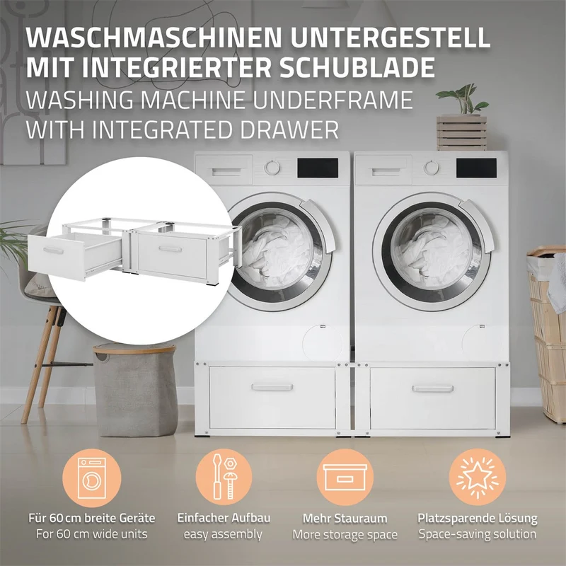 ML-Design | Waschmaschinen Untergestell mit 2 Schubladen 128x53,5x31,5 cm aus Stahl, Unterschrank doppel