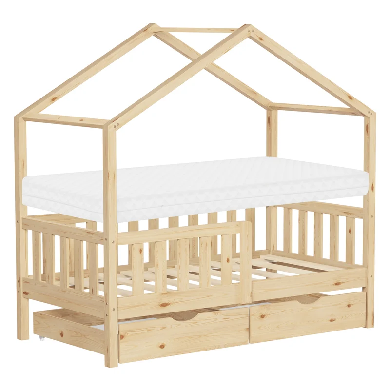 ML-Design | Kinderbett Hausbett mit 2 Schubkasten aus Kiefernholz mit Rausfallschutz und Lattenrost