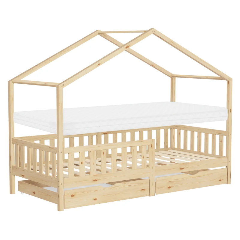 ML-Design | Kinderbett Hausbett mit 2 Schubkasten aus Kiefernholz mit Rausfallschutz und Lattenrost