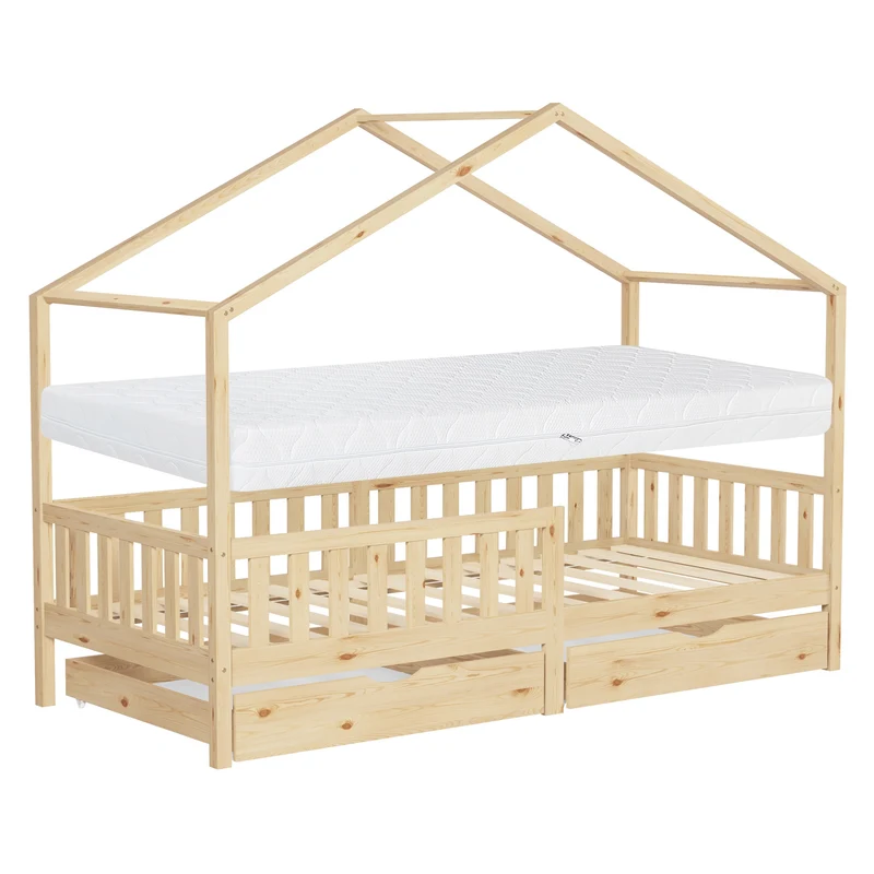 ML-Design | Kinderbett Hausbett mit 2 Schubkasten aus Kiefernholz mit Rausfallschutz und Lattenrost