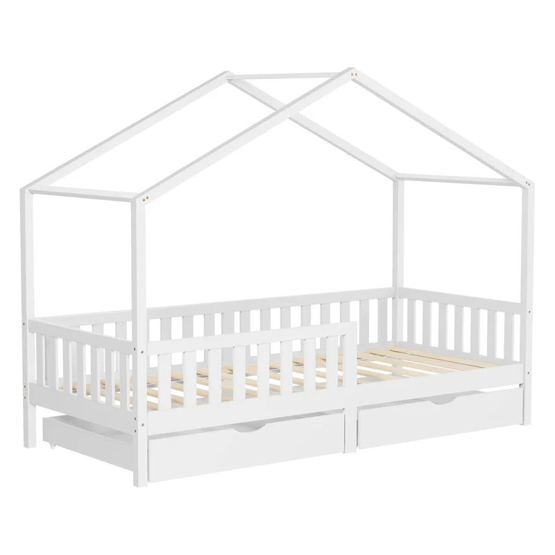 Kinderbett Hausbett mit 2 Schubkasten 90x200 cm Weiß aus Kiefernholz mit Rausfallschutz und Lattenrost ML-Design
