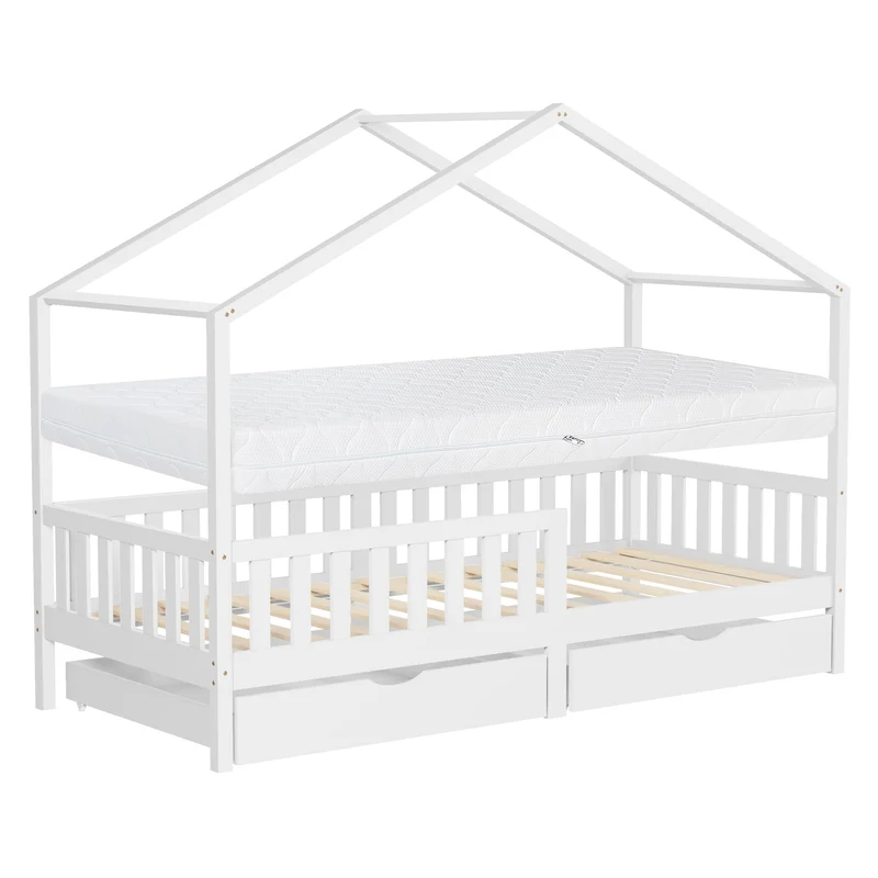 ML-Design | Kinderbett Hausbett mit 2 Schubkasten aus Kiefernholz mit Rausfallschutz und Lattenrost