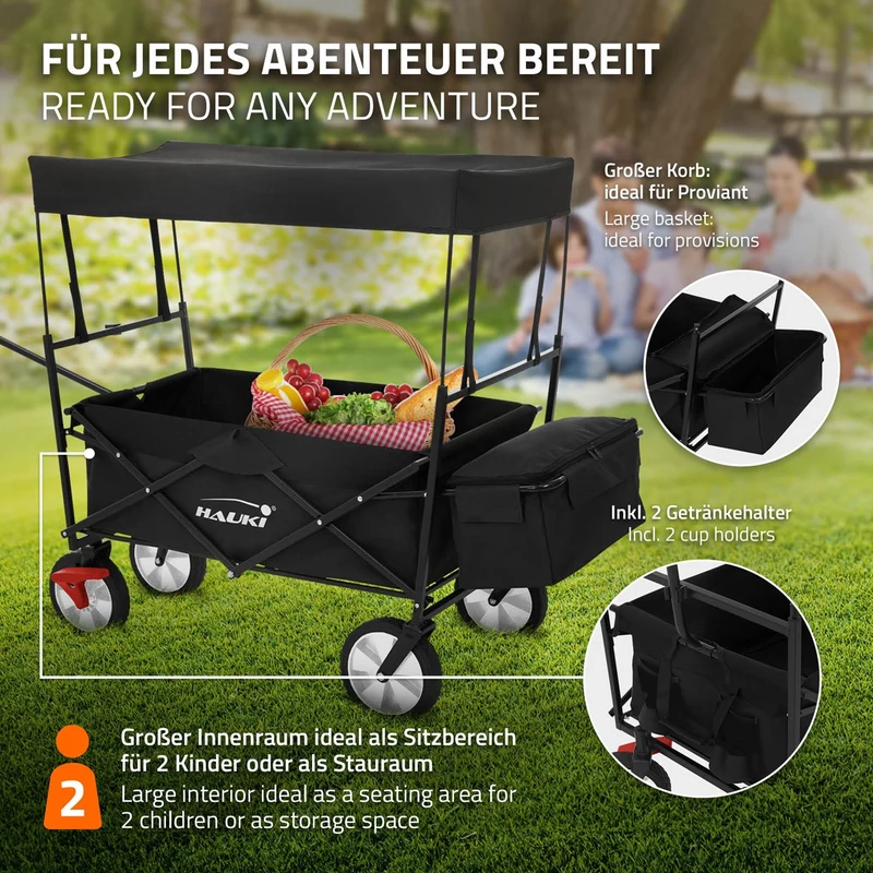 HAUKI | Bollerwagen faltbar mit Dach und Tasche aus Stahl Transportwagen Handwagen klappbar für Kinder, Picknick, Camping & Garten