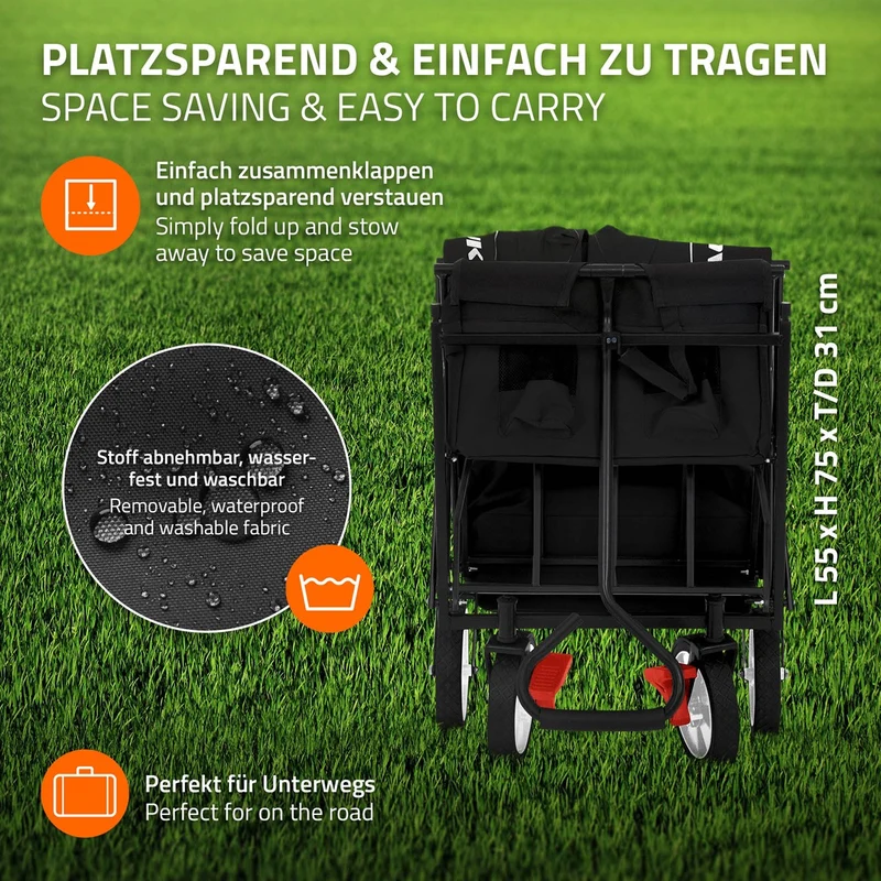 HAUKI | Bollerwagen faltbar mit Dach und Tasche aus Stahl Transportwagen Handwagen klappbar für Kinder, Picknick, Camping & Garten