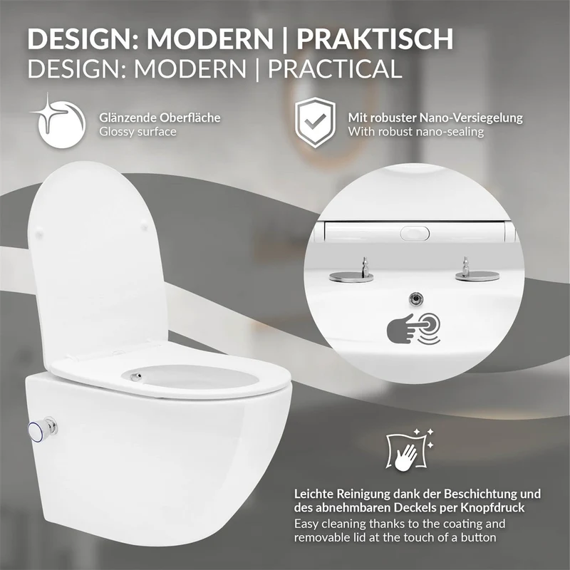 LuxeBath | Wand-WC Hänge Toilette aus Keramik kurz / lang Spülrandlos mit Bidet, Nanoversiegelung & Softclose
