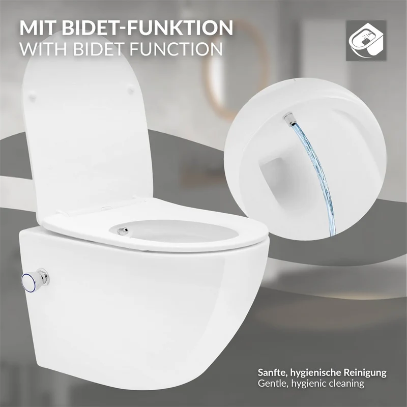 LuxeBath | Wand-WC Hänge Toilette aus Keramik kurz / lang Spülrandlos mit Bidet, Nanoversiegelung & Softclose