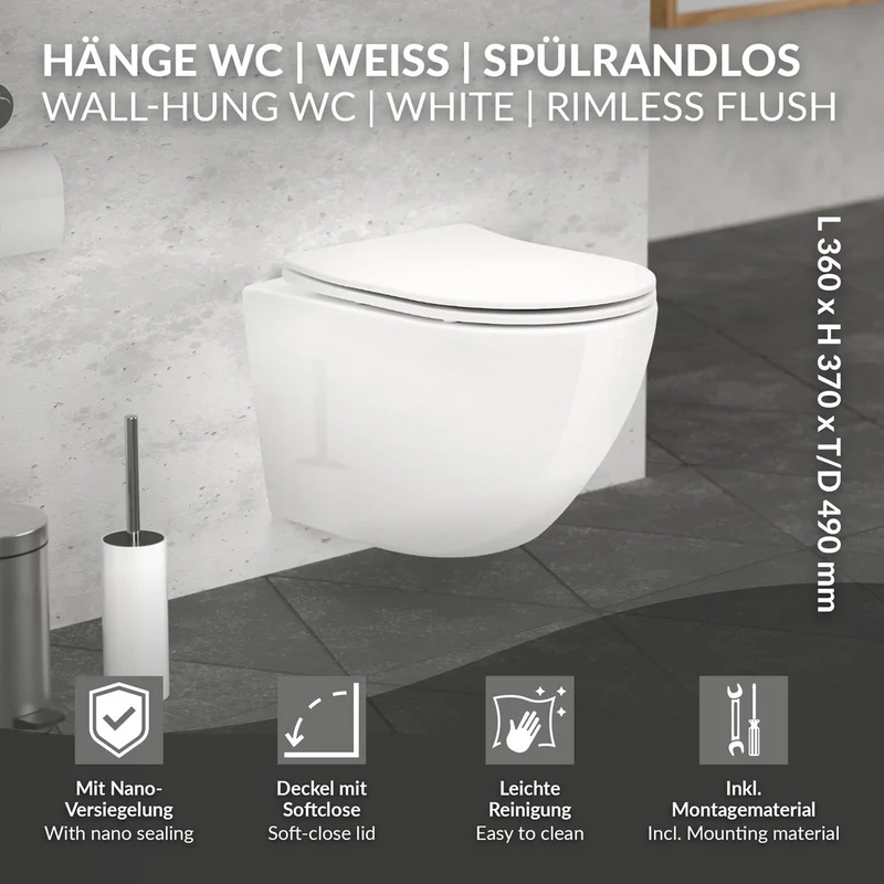 LuxeBath | Wand-WC Hänge Toilette aus Keramik kurz / lang Spülrandlos mit Nanoversiegelung & Softclose