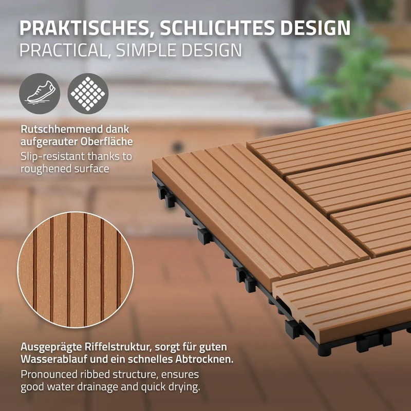 WPC Terrassenfliesen Balkonfliesen 30x30 cm in Holzoptik mit Drainage und Klicksystem
