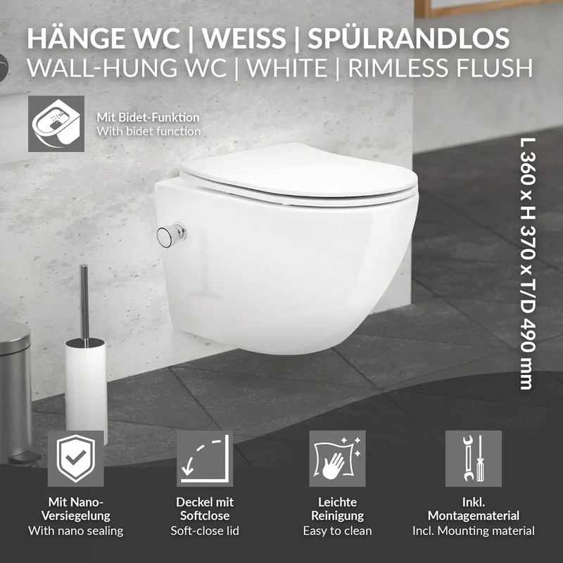 LuxeBath | Wand-WC Hänge Toilette aus Keramik kurz/lang Spülrandlos mit Bidet, Nanoversiegelung & Softclose