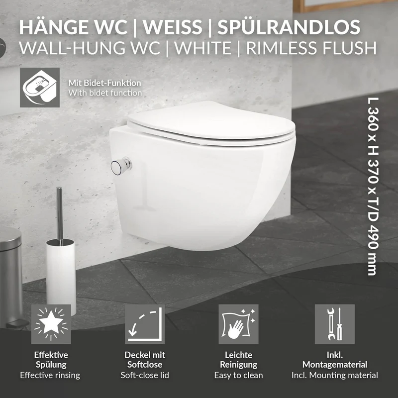 LuxeBath | Wand-WC Hänge Toilette aus Keramik kurz/lang Spülrandlos mit Bidet & Softclose