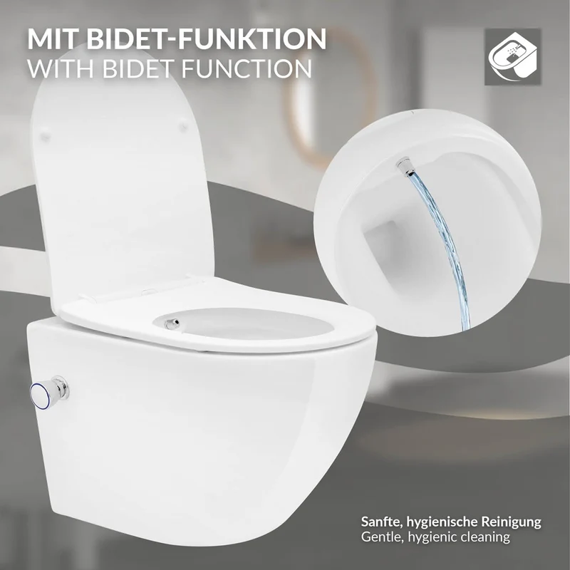 LuxeBath | Wand-WC Hänge Toilette aus Keramik kurz/lang Spülrandlos mit Bidet & Softclose