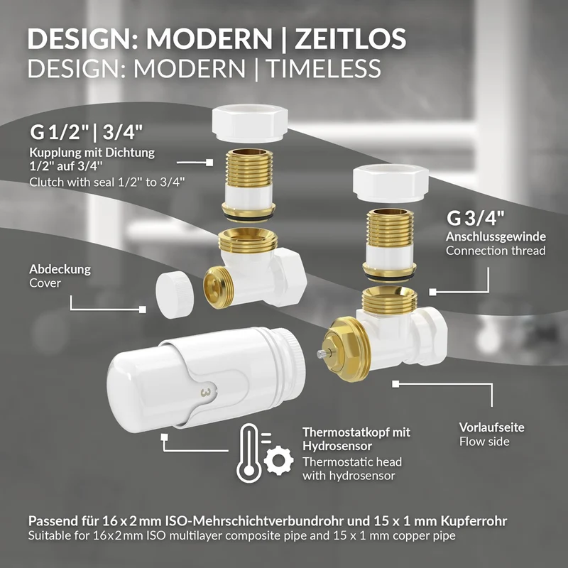 LuxeBath | Badheizkörper Weiß gerade, Seitenanschluss, Renovierungsheizkörper mit integriertem Thermostatventil