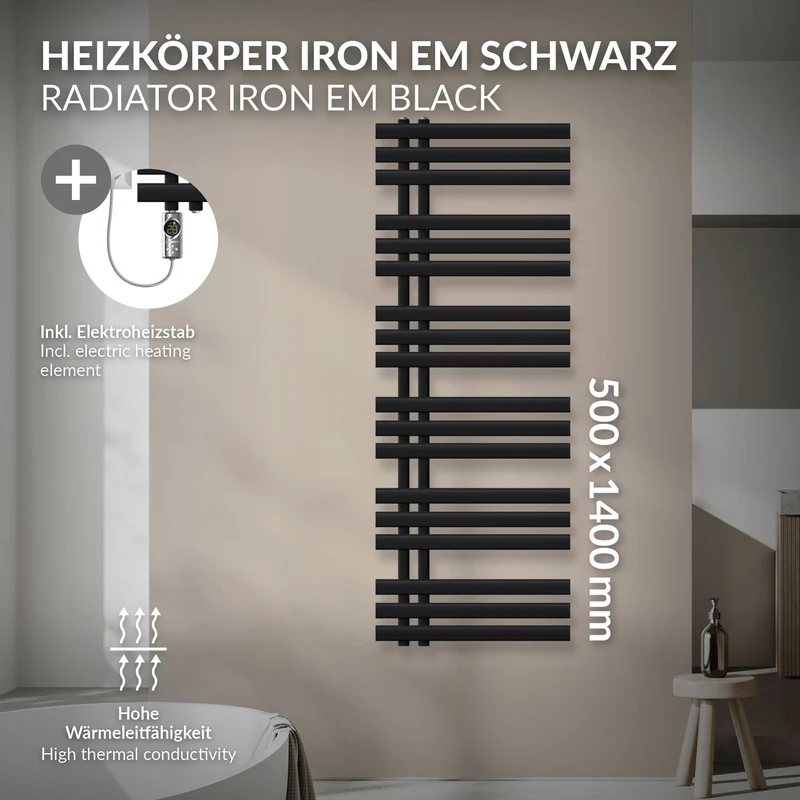 Badheizkörper Elektrisch Iron EM mit Heizstab 900W 500x1400 mm Schwarz matt LuxeBath