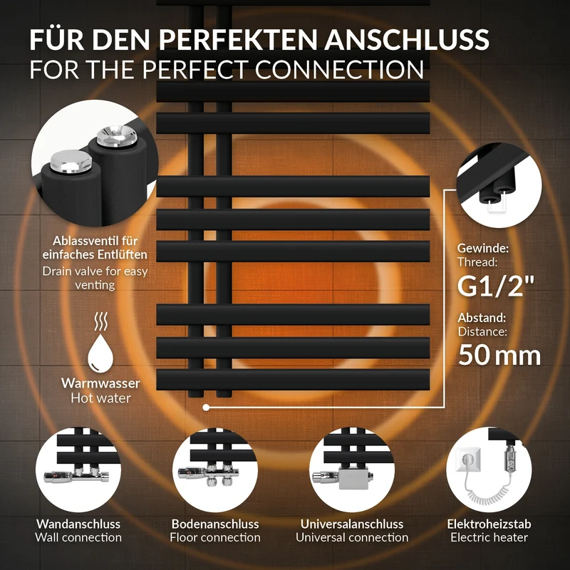 Badheizkörper Elektrisch Iron EM mit Heizstab 900W 500x1400 mm Schwarz matt LuxeBath