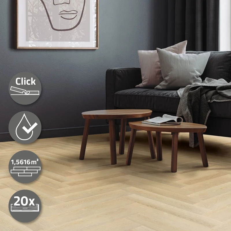 PVC Vinylboden Bodenbelag Set à 20 Dielen 4,2mm für 1,56m² mit Klick-System Fischgräte Eiche natur ML-Design