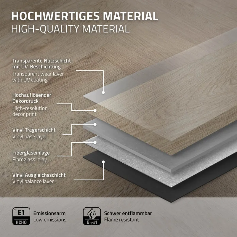 PVC Vinylboden Bodenbelag Set à 20 Dielen 4,2mm für 1,56m² mit Klick-System Fischgräte Eiche dunkel ML-Design