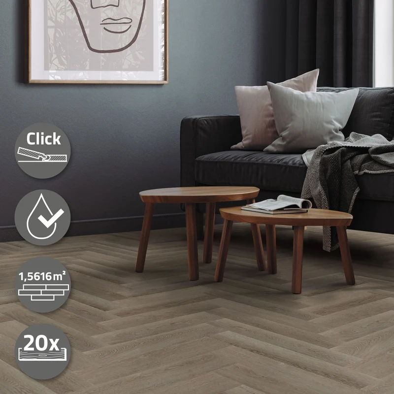 PVC Vinylboden Bodenbelag Set à 20 Dielen 4,2mm für 1,56m² mit Klick-System Fischgräte Eiche dunkel ML-Design