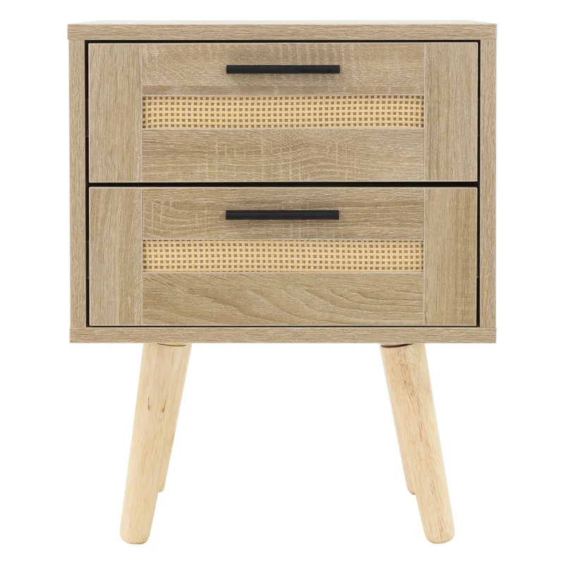 Nachttisch 2er Set 40x50,5x30 cm Eiche-Optik Beistelltisch mit 2 Schubladen und Rattanfront & Massivholzfüßen ML-Design