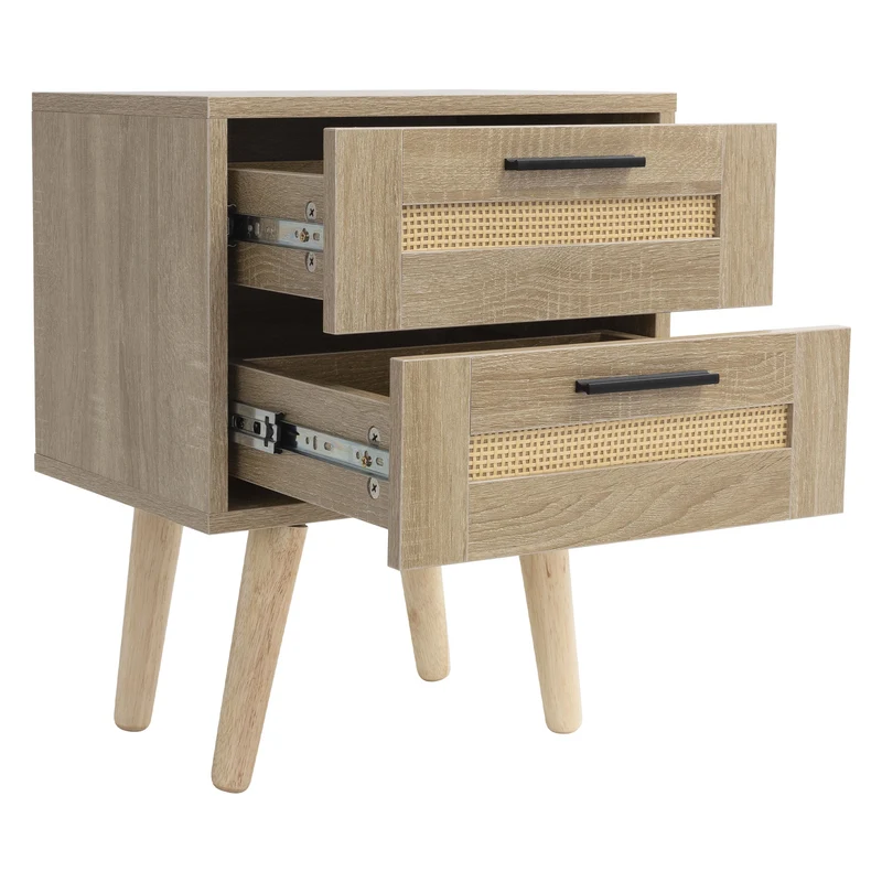Nachttisch 2er Set 40x50,5x30 cm Eiche-Optik Beistelltisch mit 2 Schubladen und Rattanfront & Massivholzfüßen ML-Design