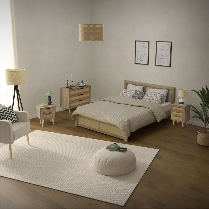 Nachttisch 2er Set 40x50,5x30 cm Eiche-Optik Beistelltisch mit 2 Schubladen und Rattanfront & Massivholzfüßen ML-Design