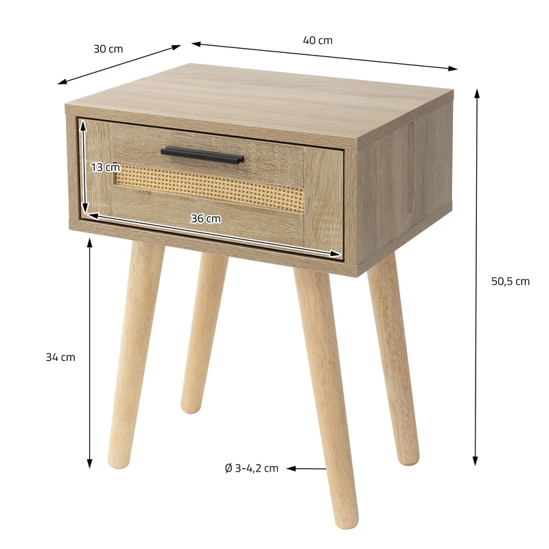 Nachttisch 2er Set 40x50,5x30 cm Eiche-Optik Beistelltisch mit Rattanfront & Massivholzfüßen ML-Design