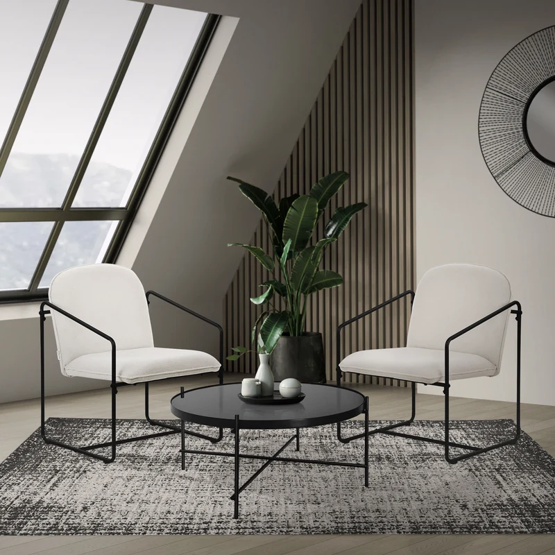 2er Set Sessel Beige mit schwarzem Stahlgestell Relaxsessel mit Arm-& Rückenlehne ML-Design