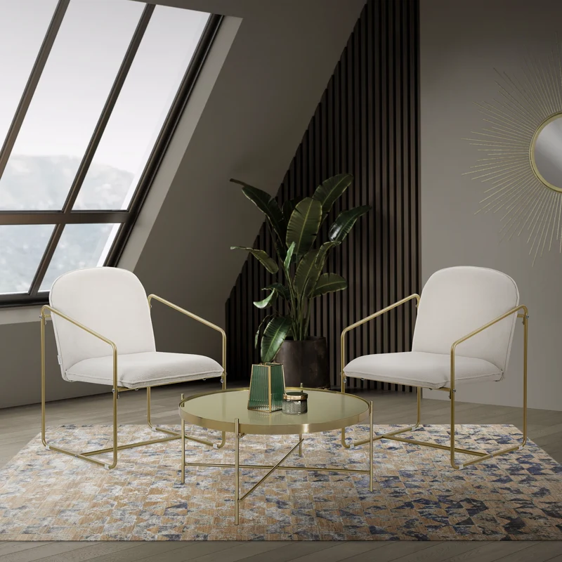 2er Set Sessel Beige mit goldenem Stahlgestell Relaxsessel mit Arm-& Rückenlehne ML-Design