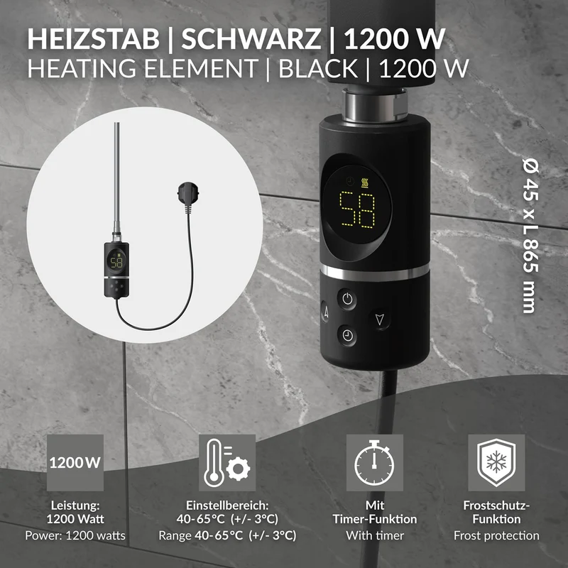 Heizstab 1200W Schwarz mit Thermostat und LCD Bildschirm LuxeBath