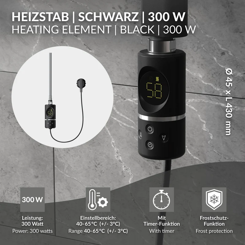 Heizstab 300W Schwarz mit Thermostat und LCD Bildschirm LuxeBath