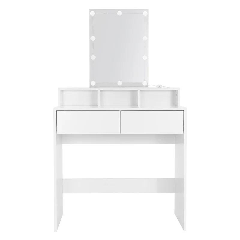 Schminktisch Frisiertisch 80x40x140 cm in Weiß mit LED-Beleuchtung, Spiegel, 2 Schubladen & 3 Fächer ML-Design
