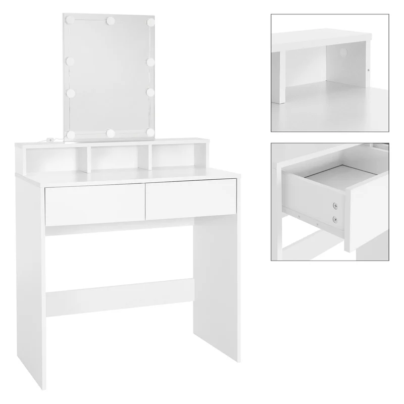 Schminktisch Frisiertisch 80x40x140 cm in Weiß mit LED-Beleuchtung, Spiegel, 2 Schubladen & 3 Fächer ML-Design
